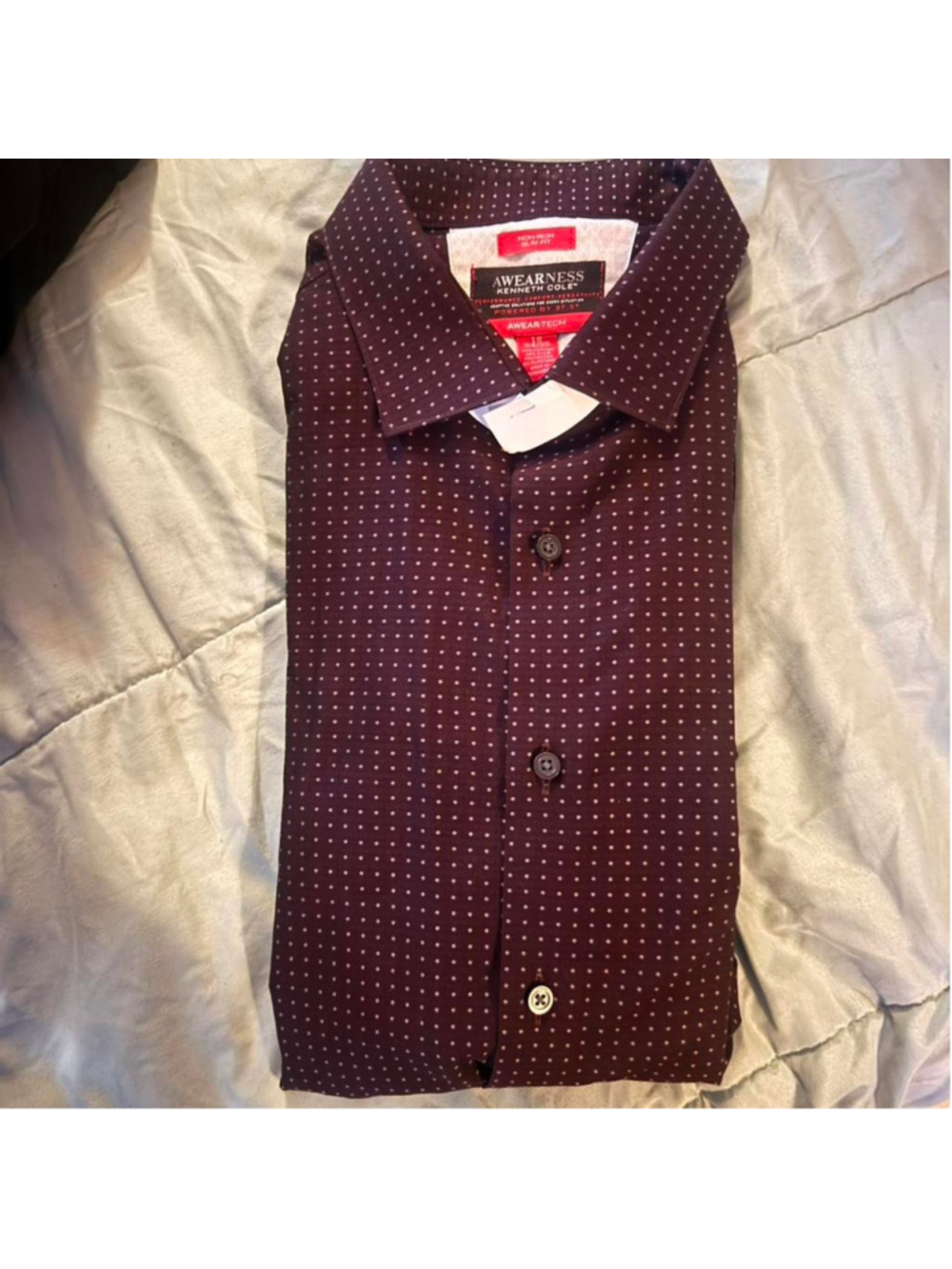 Kenneth Cole burgundy button-up shirt with white polka dots, size XL/2X 18 34/35